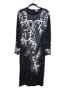 Vintage Beaded Dress XL Pure Silk Black White Long Sleeve